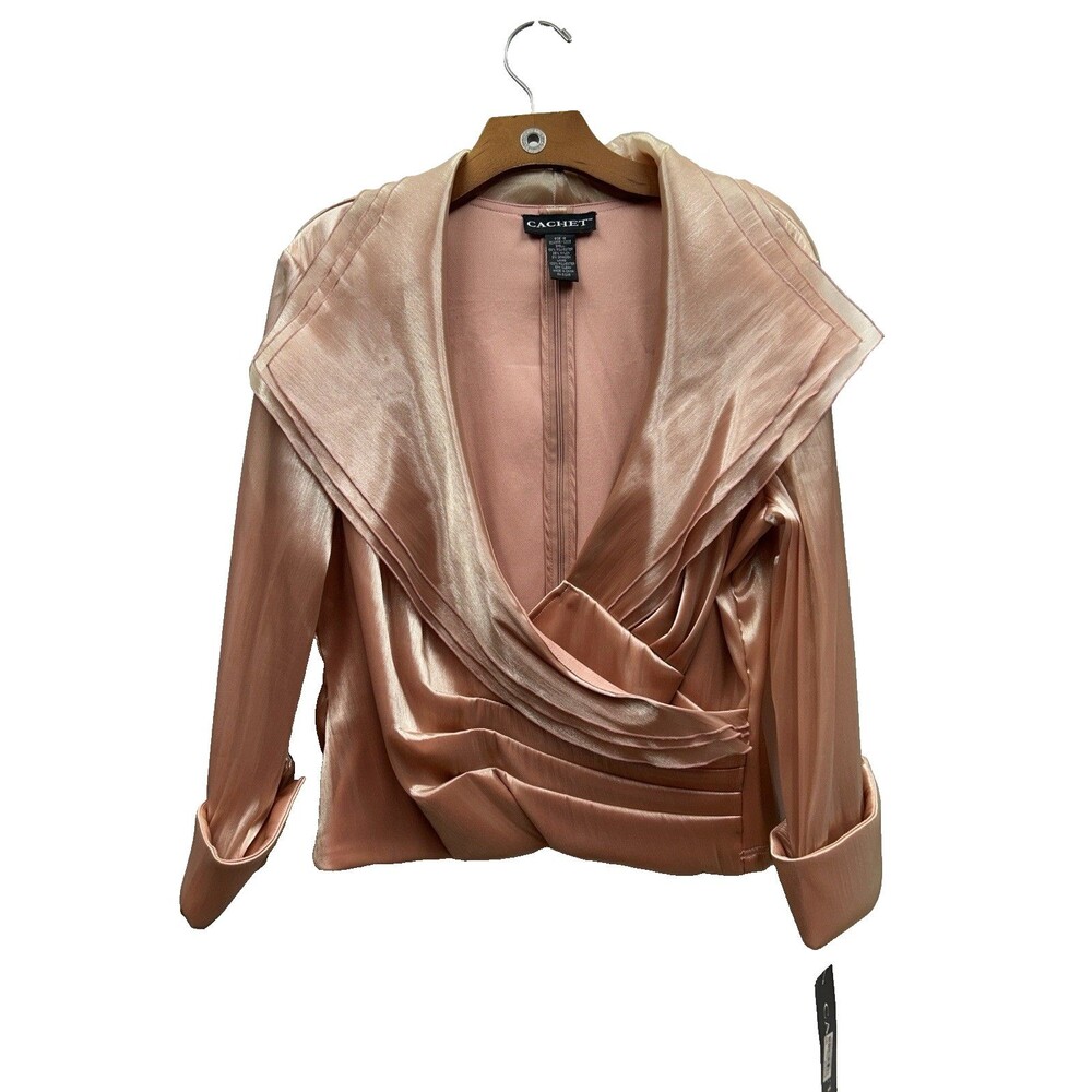 NWT Cachet Satin Salmon Wrap Front Overlay Blouse Blazer Lined Crop Women's 16